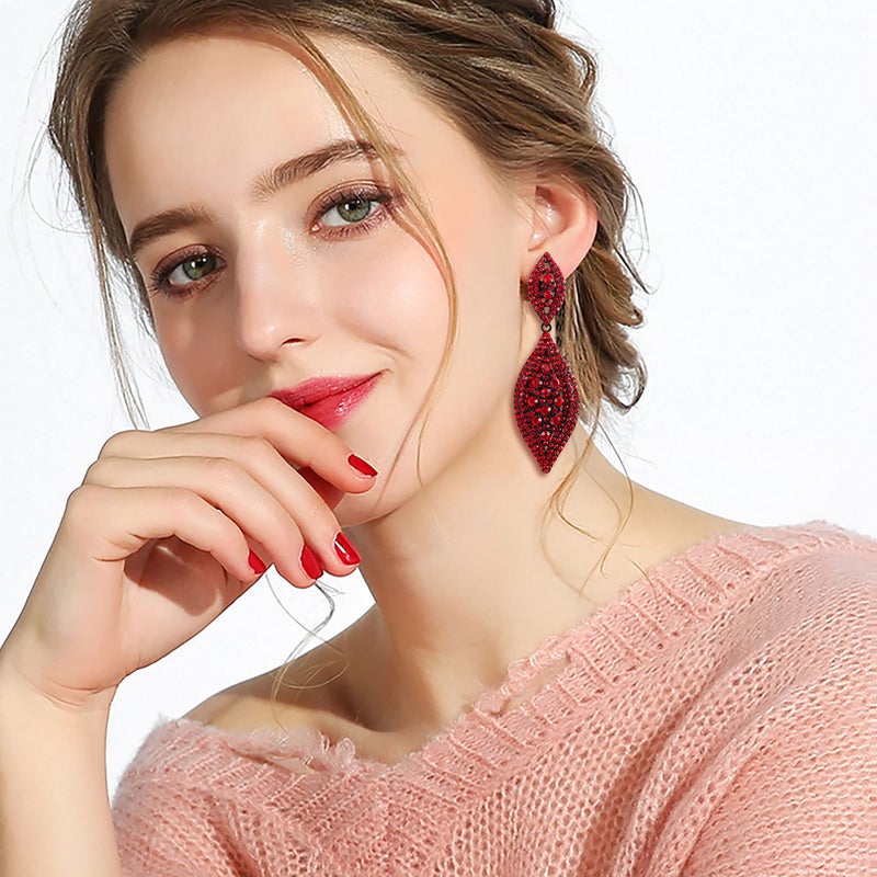 Flyonce Women's Rhinestone Crystal Wedding Bridal 2 Leaf Drop Dangle Chandelier Earrings Large Big Long Statement Earring Jewelry for Cocktail Prom Party Red Black-Tone 3.3" - Image 2